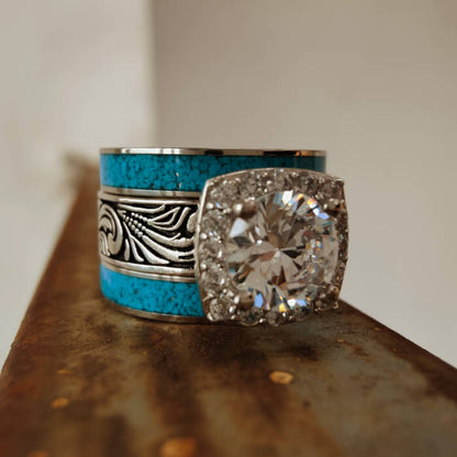 3pc Steel Western Turquoise And Diamond Ring