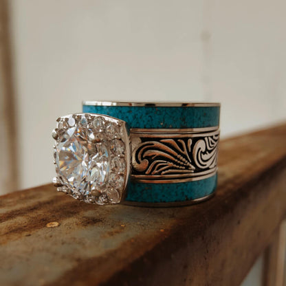 3pc Steel Western Turquoise And Diamond Ring