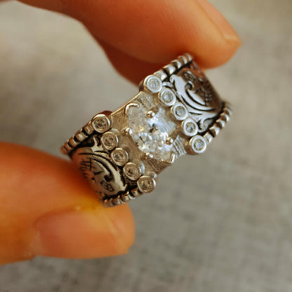 Women Engraved Wide Band Marquise Diamond Western Engagement Ring