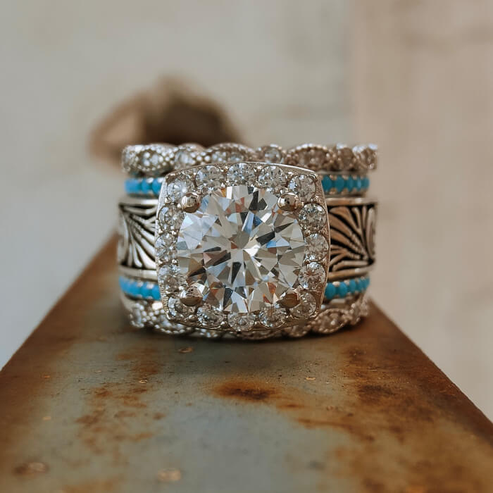 5pc Round Cut Diamond Vintage Turquoise Rings