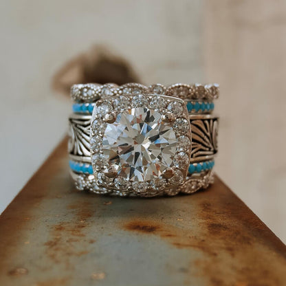 5pc Round Cut Diamond Vintage Turquoise Rings