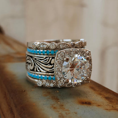 5pc Round Cut Diamond Vintage Turquoise Rings