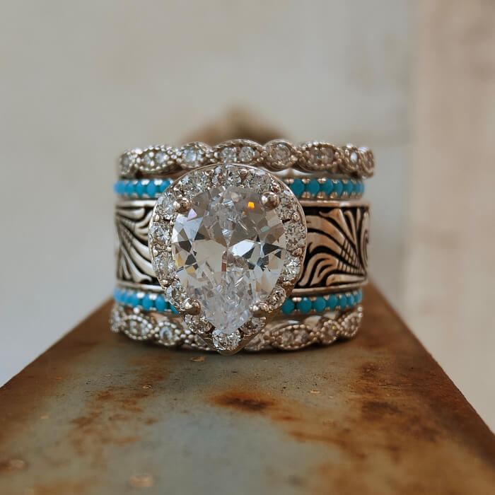 5pc Pear Cut Diamond Western Vintage Turquoise Wedding Rings