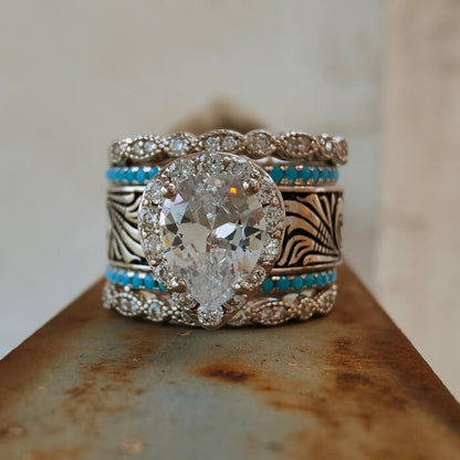 5pc Pear Cut Diamond Western Vintage Turquoise Wedding Rings