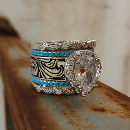 5pc Pear Cut Diamond Western Vintage Turquoise Wedding Rings