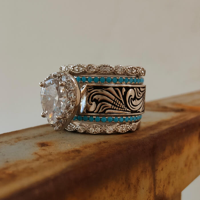 5pc Pear Cut Diamond Western Vintage Turquoise Wedding Rings