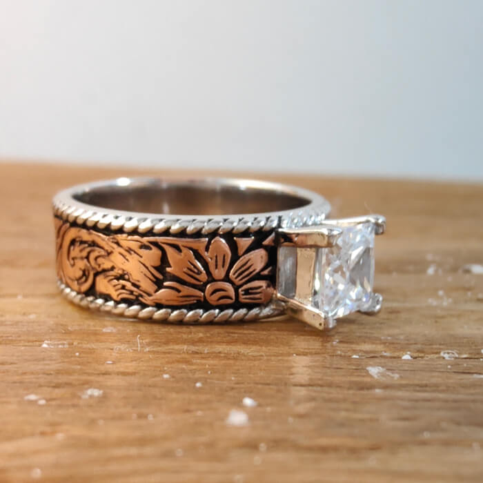 Flower Engraved Rose Gold Princess Cut Diamond Western Ring