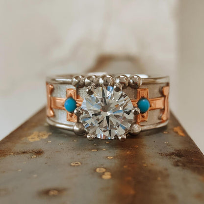 Western Cross Round Cut Turquoise Ring