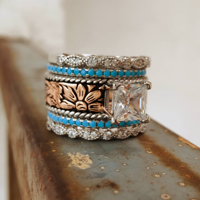 5pc Rose Gold Flower Vintage Turquoise Western Style Engagement Rings
