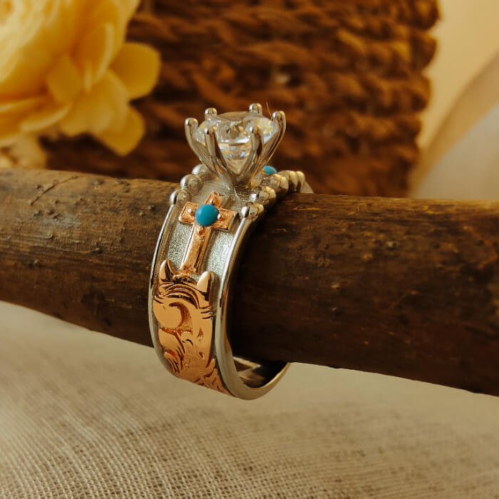 Western Cross Round Cut Turquoise Ring