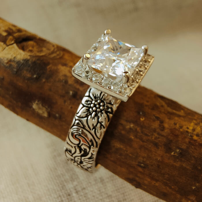 Western Square Engraved Flower Women Engagement Ring with Diamond Halo