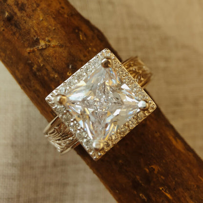 Flower Engraved Square Western Diamond Ring