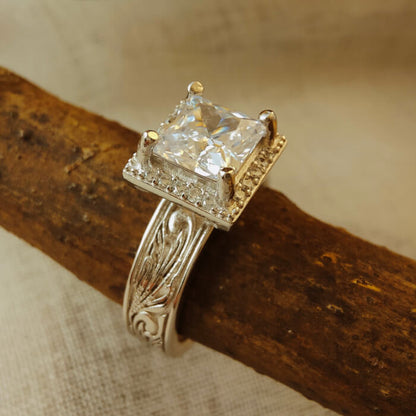Flower Engraved Square Western Diamond Ring
