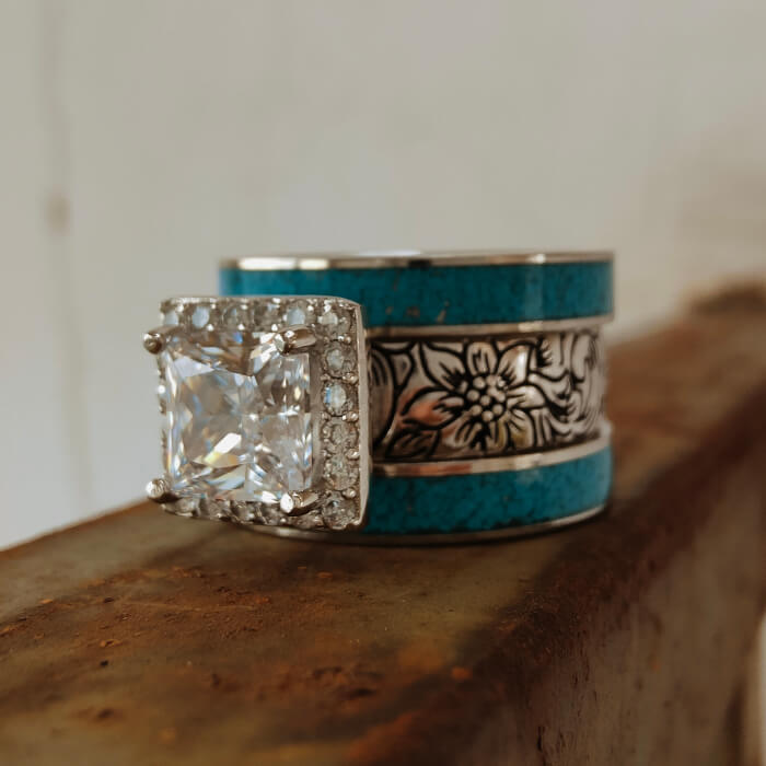 3pc Flower Princess Cut Crush Turquoise and Diamond Ring