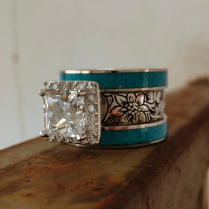 3pc Flower Princess Cut Crush Turquoise and Diamond Ring