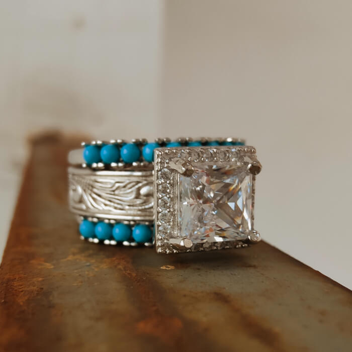 3pc Retro Princess Cut Diamond Western Promise Ring with Turquoise