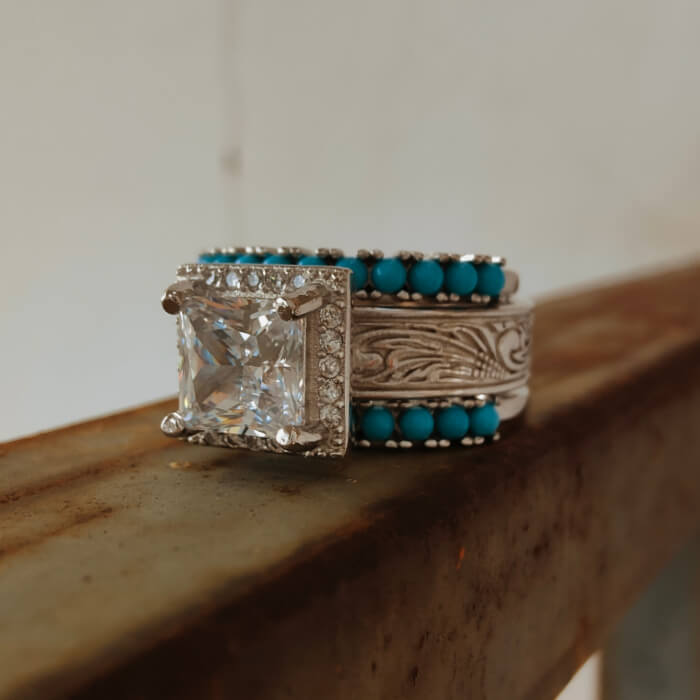 3pc Retro Princess Cut Diamond Western Promise Ring with Turquoise