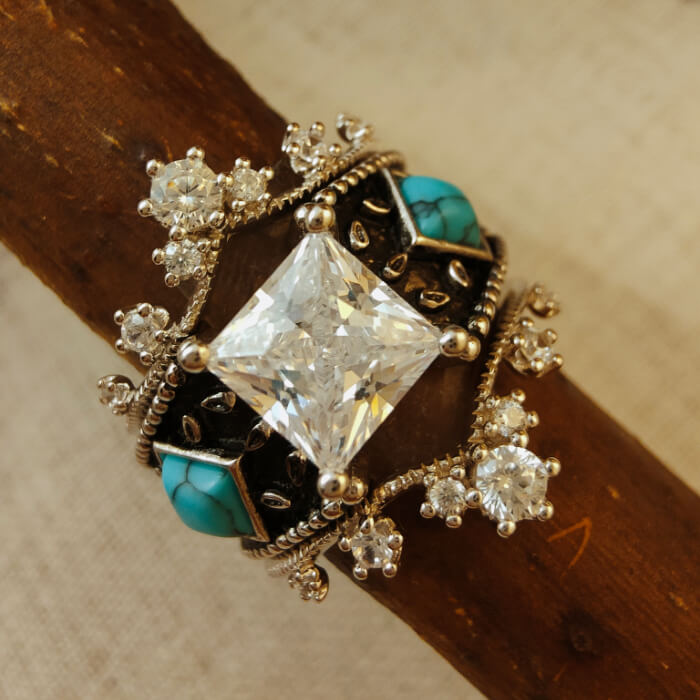 Women Western Engraved Square Turquoise Engagement Ring