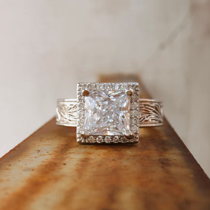 Flower Engraved Square Western Diamond Ring
