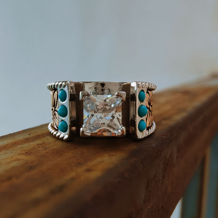 Women Flower Square Diamond Western Turquoise Wedding Ring