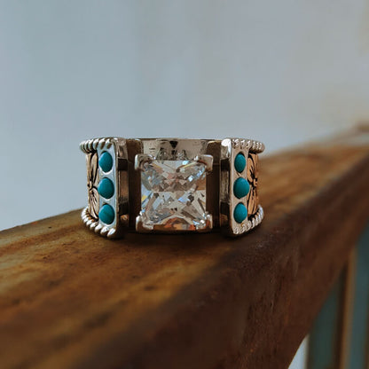 Women Flower Square Diamond Western Turquoise Wedding Ring