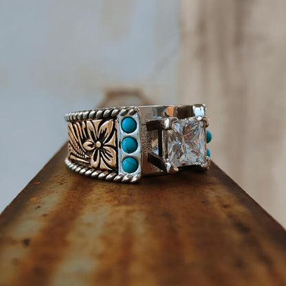 Women Flower Square Diamond Western Turquoise Wedding Ring
