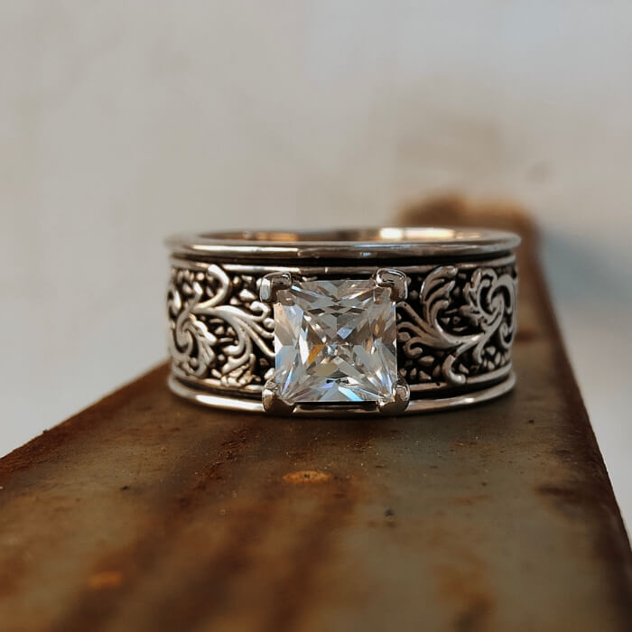 Cowgirl Silver Flower Carved Band Western Diamond Rings