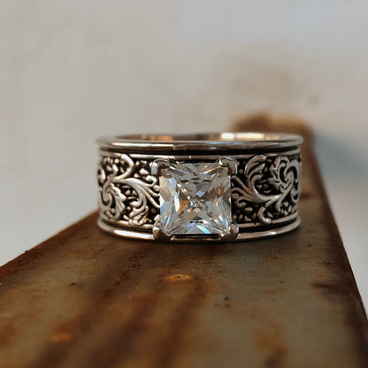 Cowgirl Silver Flower Carved Band Western Diamond Rings