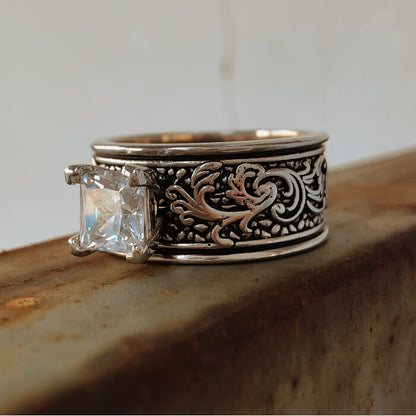 Cowgirl Silver Flower Carved Band Western Diamond Rings