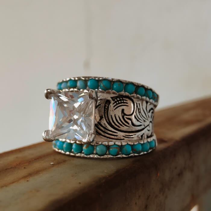 Turquoise Wedding Ring Flower Engraved Band Rings