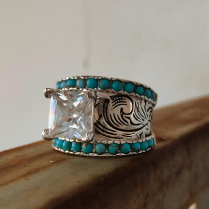 Turquoise Wedding Ring Flower Engraved Band Rings