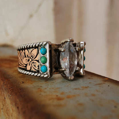 Flower Engraved Rose Gold Diamond Turquoise Rings