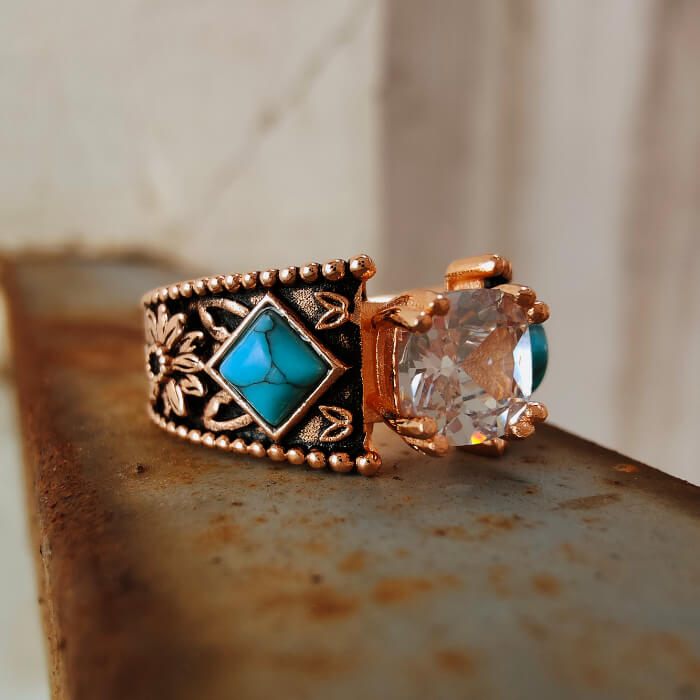 Womens Engraved Western Turquoise Engagement Ring