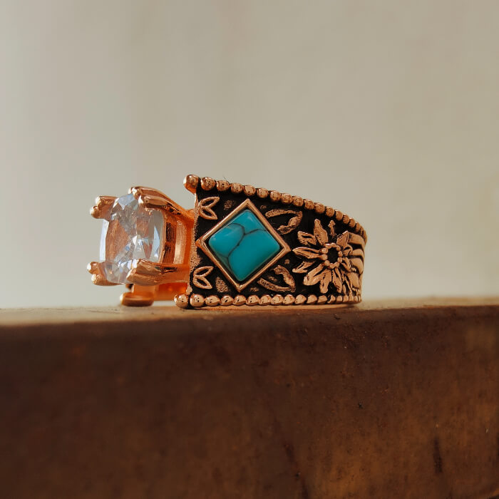 Womens Engraved Western Turquoise Engagement Ring