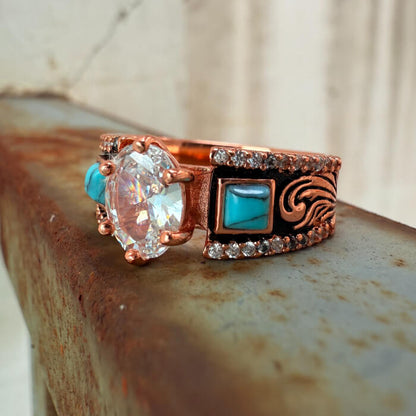 Rose Gold Oval Cut Turquoise Wide Band Engagement Rings with Slide Diamond  Accents