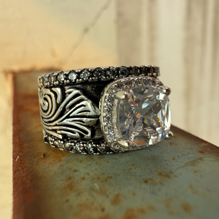 Western Symbol Cushion Brilliant Engraved Engagement Rings