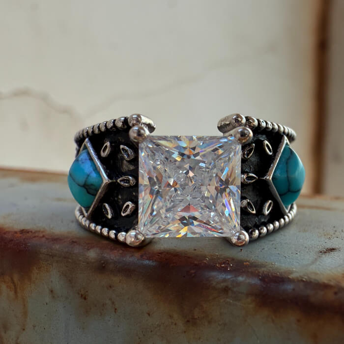Women Western Engraved Square Turquoise Engagement Ring