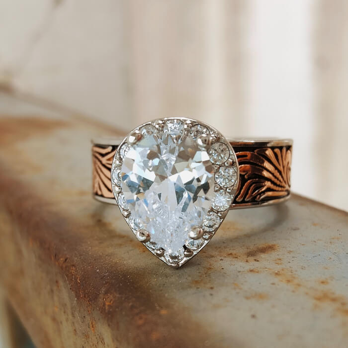 FLower Engraved  Pear Diamond Western Rose Gold Rings for Women