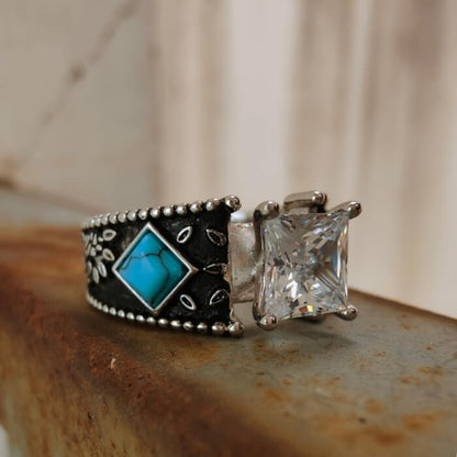 3pc Sterling Silver Western Engraved Square Diamond Ring