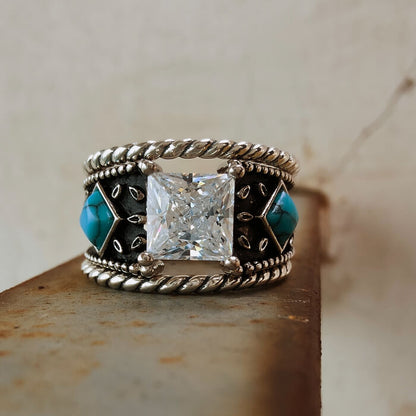 3pc Sterling Silver Western Engraved Square Diamond Ring