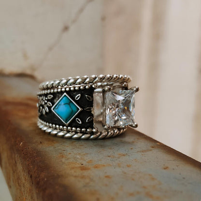 3pc Sterling Silver Western Engraved Square Diamond Ring