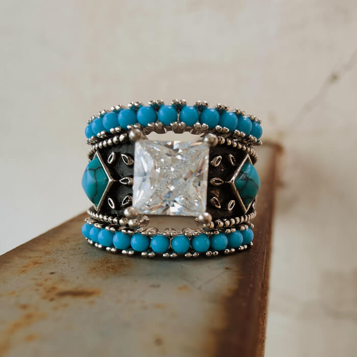 3pc Sterling Silver Turquoise Western Diamond Ring Set