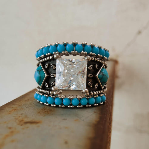 3pc Sterling Silver Turquoise Western Diamond Ring Set