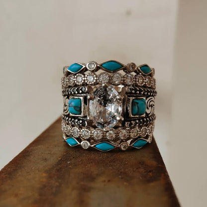 5pc Oval Cut VintageWestern Turquoise Wide Band Wedding Ring Set