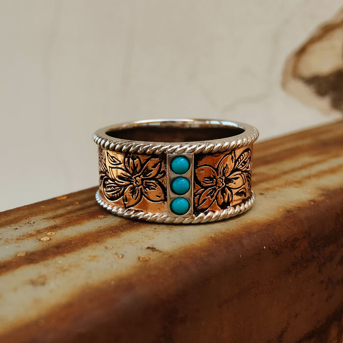 10mm Women Rose Gold Turquoise Band Flower Western Rings