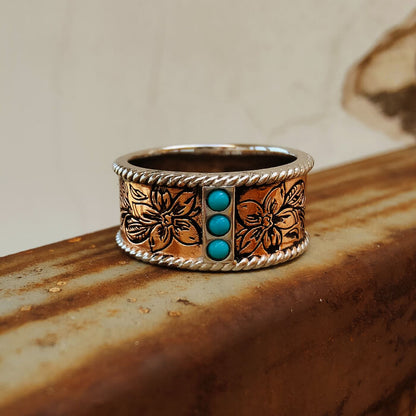 10mm Women Rose Gold Turquoise Band Flower Western Rings