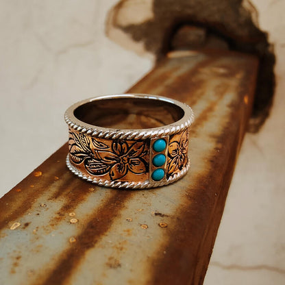 10mm Women Rose Gold Turquoise Band Flower Western Rings