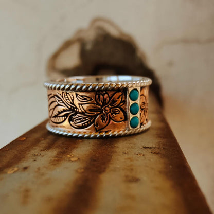 10mm Women Rose Gold Turquoise Band Flower Western Rings