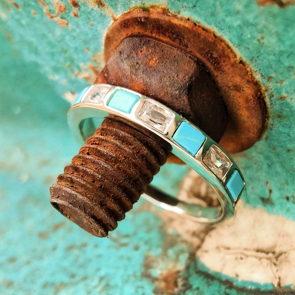 Square Turquoise Inlay Diamond Band Ring