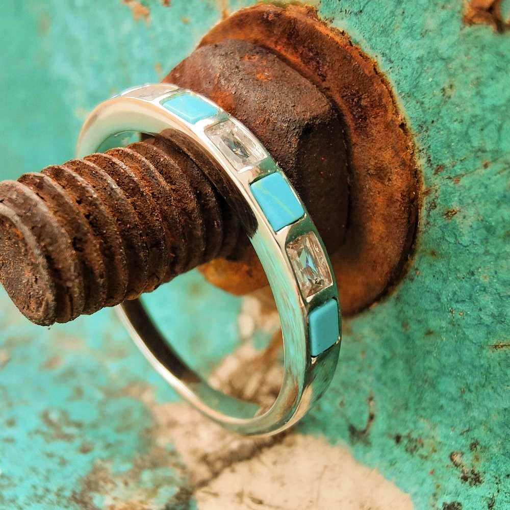 Square Turquoise Inlay Diamond Band Ring